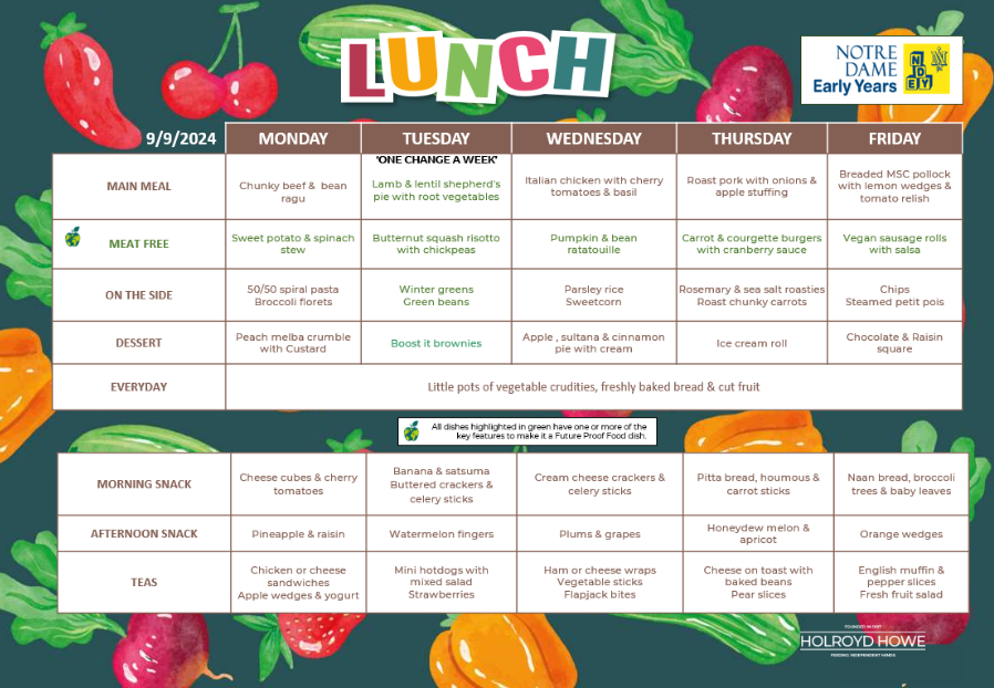 EYFS Lunch Menu Sep 9th