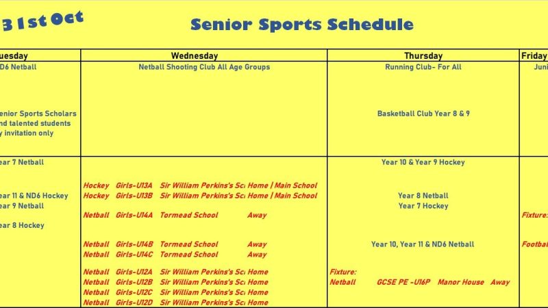 Senior Sports Schedule Oct 31st