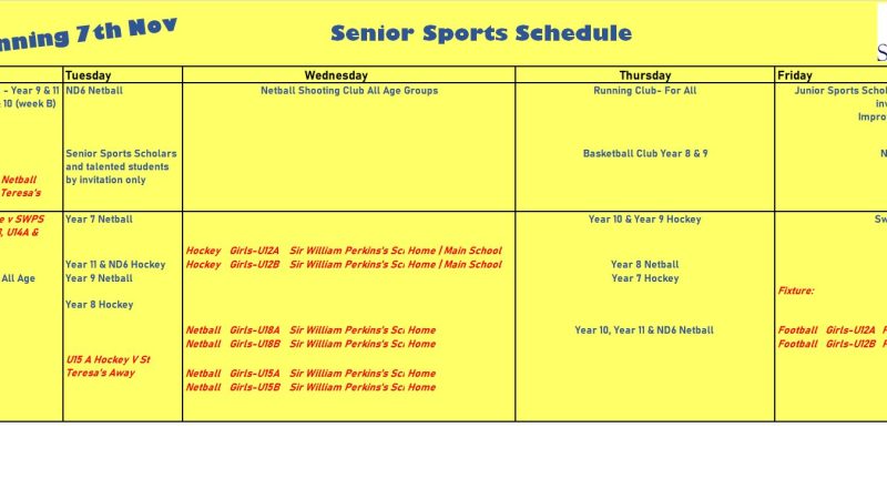 Upcoming Senior Fixtures Nov 7th