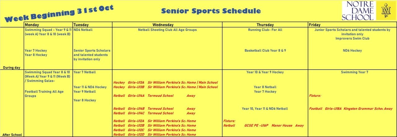 Senior Sports Schedule Oct 31st