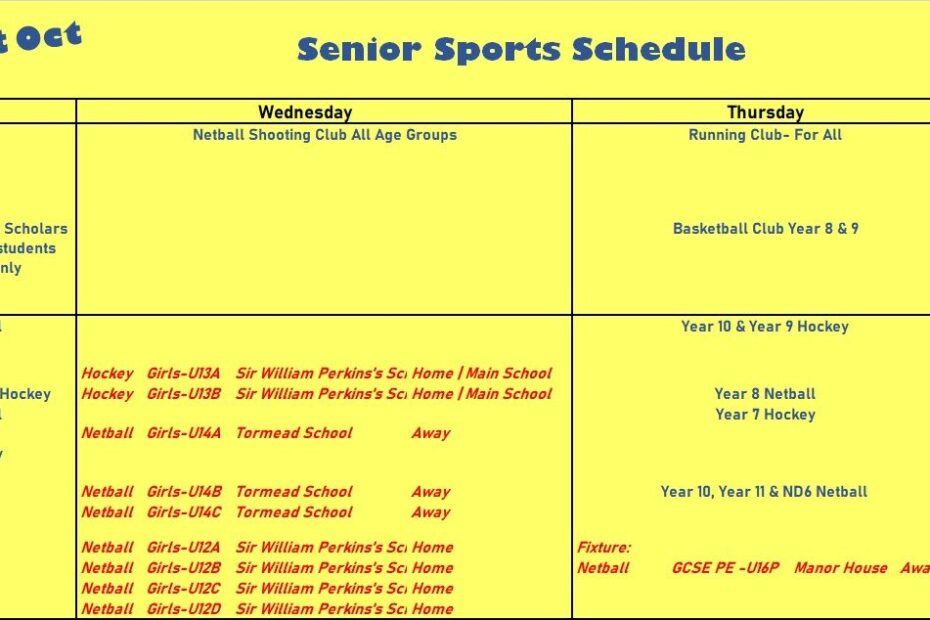 Senior Sports Schedule Oct 31st