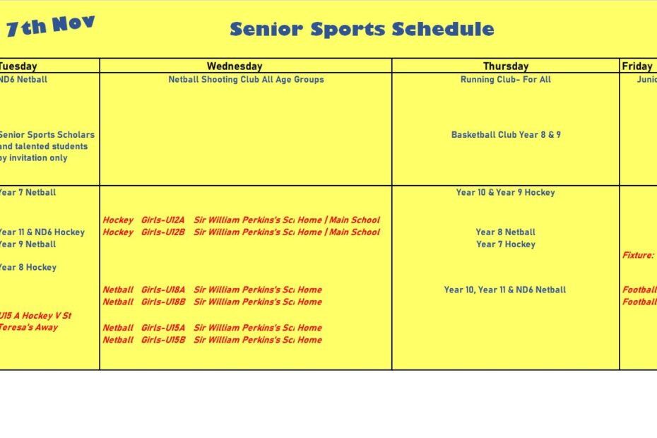 Upcoming Senior Fixtures Nov 7th